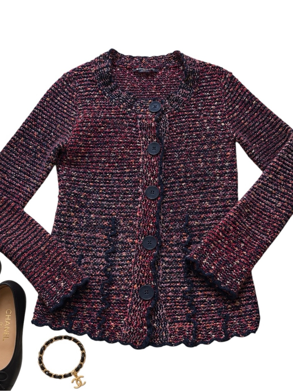 BCBG Max Azria Boucle Knit Cardigan Red Black Textured Sweater Small in EUC